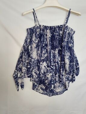 Blue Marble-Print Cold-Shoulder Blouse with Adjustable Straps